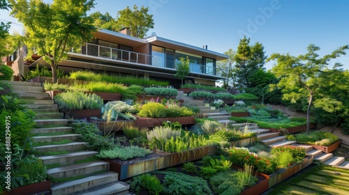 mid-century modern suburban house with a series of tiered gardens on a sloping plot, each level offering unique plantings
