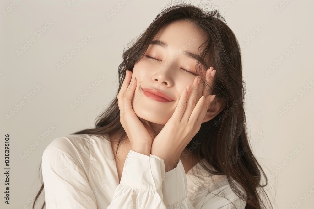 beautiful Korean womanwith long hair, wearing white and touching the skin while looking at the camera with a clean background beautiful Korean womanwith long hair, wearing white and touching the skin while looking at the camera with a clean background