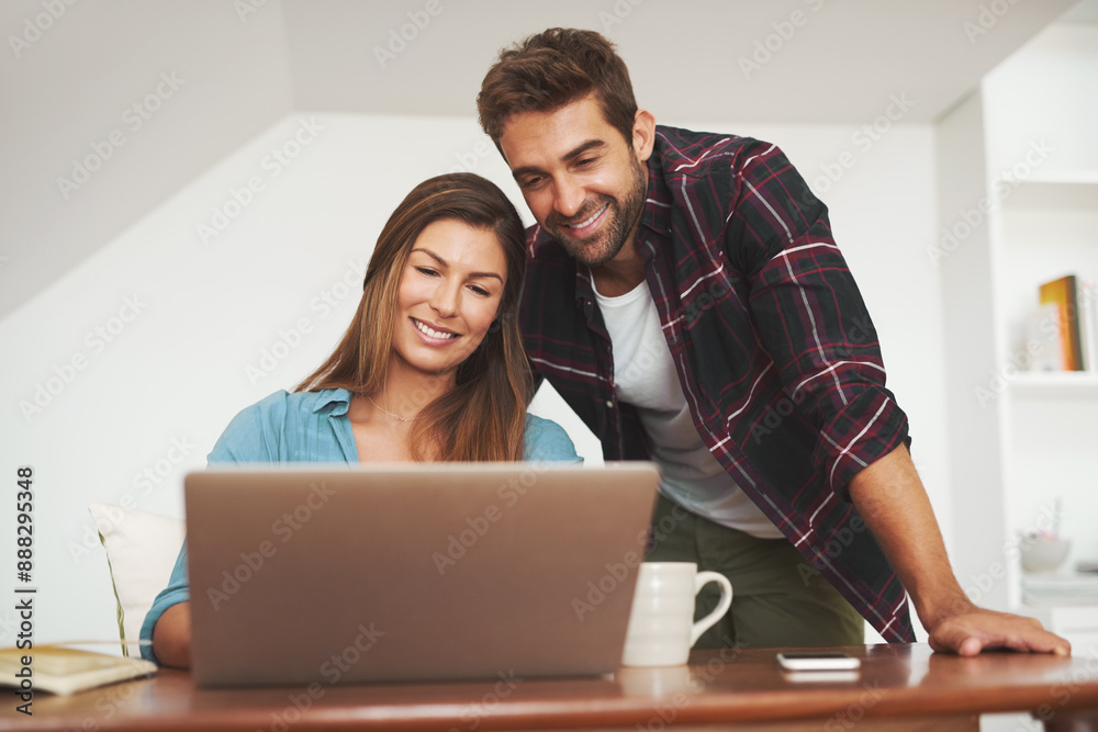 Couple, laptop and working together in home for small business as family, dropshipping and collaboration. Man, woman and technology in house for startup, affiliate marketing and subscription box Couple, laptop and working together in home for small business as family, dropshipping and collaboration. Man, woman and technology in house for startup, affiliate marketing and subscription box