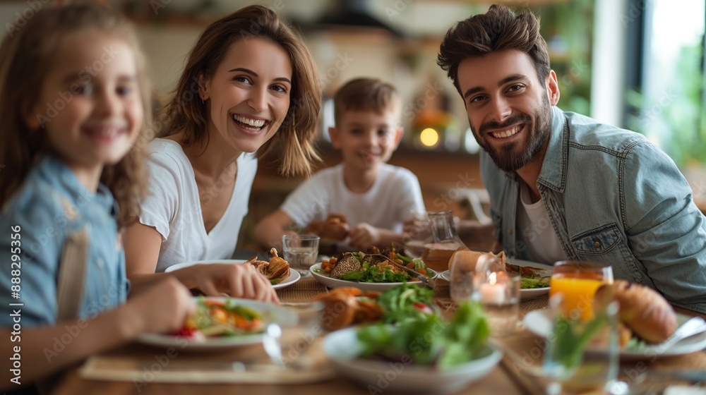 Happy family enjoying a meal together at home Happy family enjoying a meal together at home