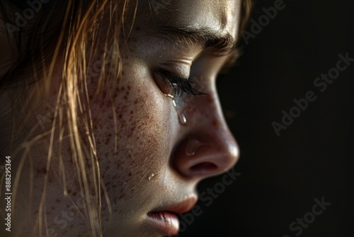 A close-up picture shows a young lady sobbing with a tear streaming down her cheek.