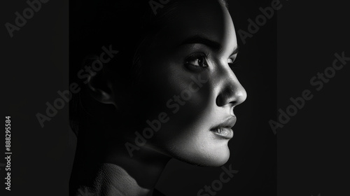 Dramatic black and white image showing a woman's face in partial shadow. The high-contrast lighting creates a striking effect, highlighting the contours and texture of her skin.