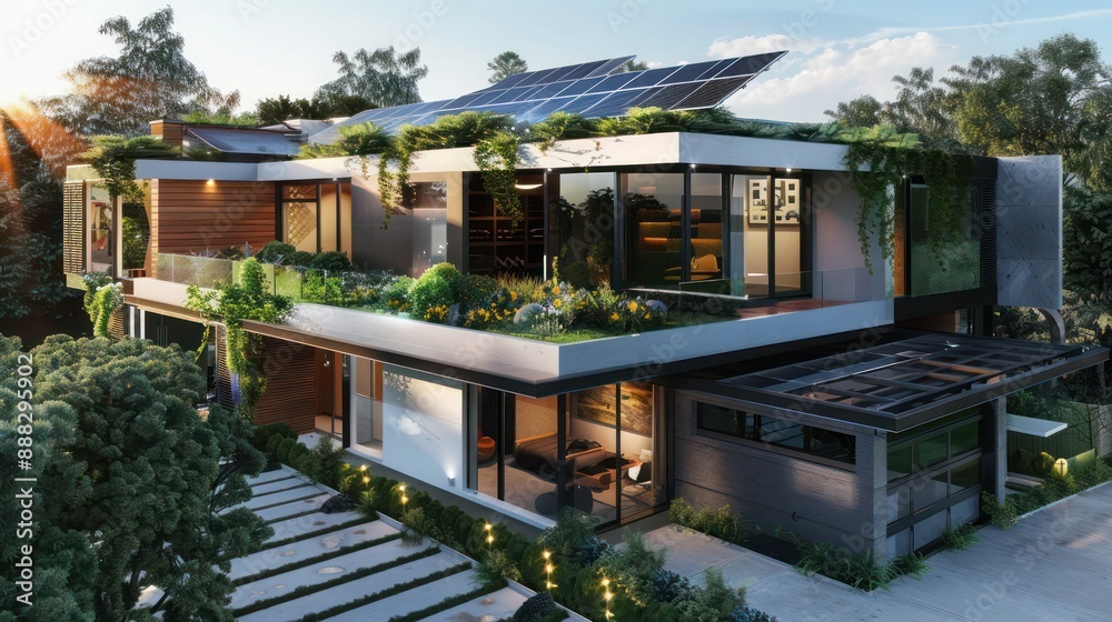 Fototapeta premium Suburban Modern home with a rooftop garden, showcasing sustainable design with solar panels and green spaces