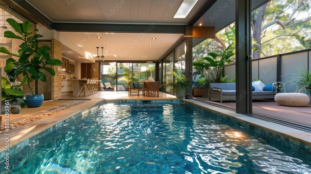 custom made wallpaper toronto digitalsuburban house with a mid-century modern design featuring a seamless indoor-outdoor pool that extends under a glass wall into the living room