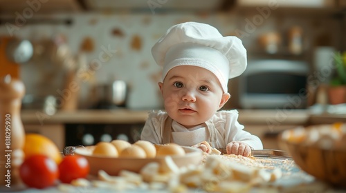 funny kid are preparing the food in the kitchen