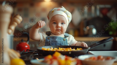 funny kid are preparing the food in the kitchen