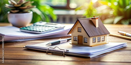 A Model House with Paperwork, Calculator, and Pen on a Wooden Desk, real estate, home buying, mortgage, financial planning