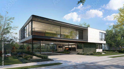 suburban home with modern architecture, featuring a striking, cantilevered second story over a transparent first floor