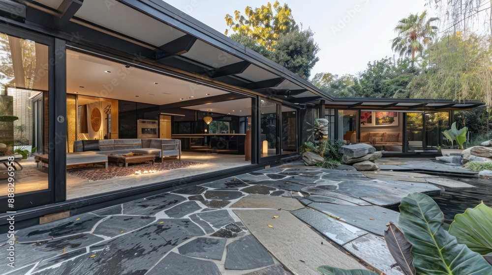 suburban mid-century modern home's seamless indoor-outdoor living area, with retractable walls and natural stone flooring