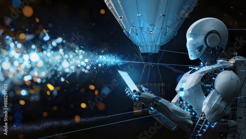 humanoid robot hands hold blue glowing tablet, with connect innovation and futuristic blurred bokeh data flow, with black background, AI robot service 3D robot render, aerial view, connection