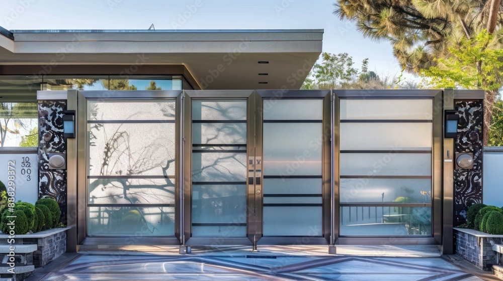 custom made wallpaper toronto digitalmodern suburban home with an elaborate front gate made of brushed metal and frosted glass, exuding exclusivity