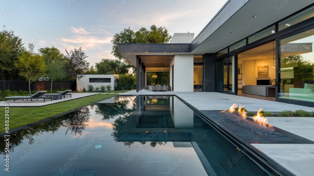 Fototapeta premium sleek suburban modern home with a panoramic backyard that includes a minimalist design reflecting pool and fire pit area