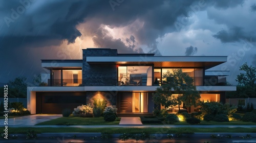 suburban contemporary house during a thunderstorm, showcasing the dramatic effect of weather on modern architecture