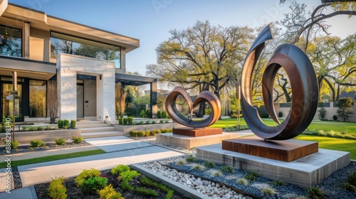 modern sculpture garden in the front yard of a suburban contemporary home, featuring abstract metal works