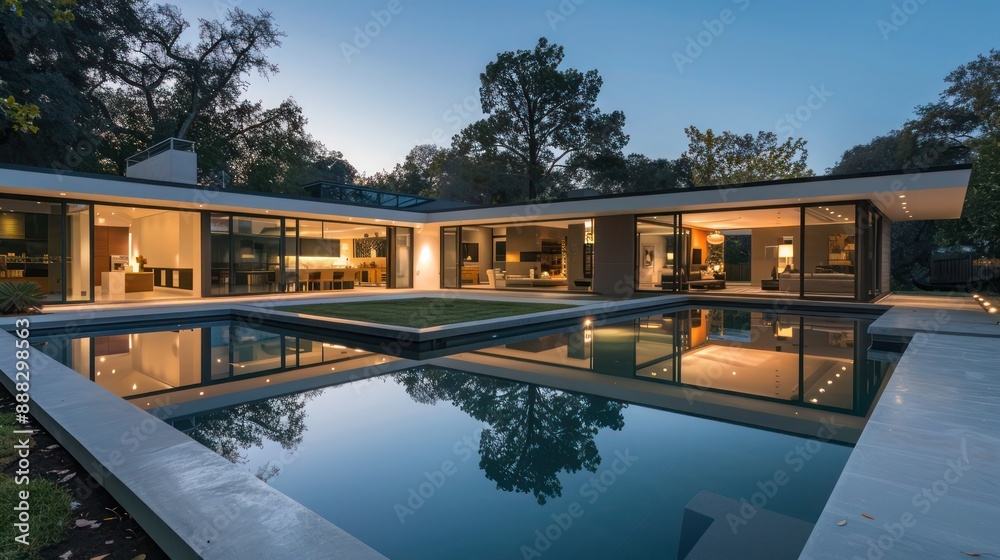 Fototapeta premium suburban mid-century modern home with a seamless transition to a stunning backyard oasis featuring a sleek infinity pool