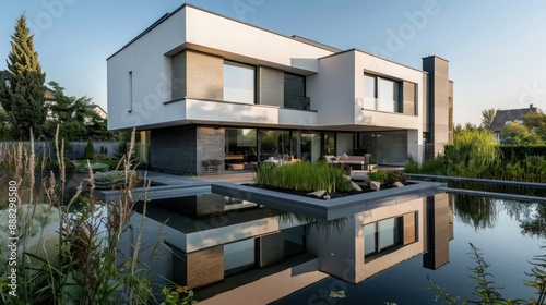 modern suburban house with a small, artificial lake that mirrors the homea??s clean, rectangular architecture photo