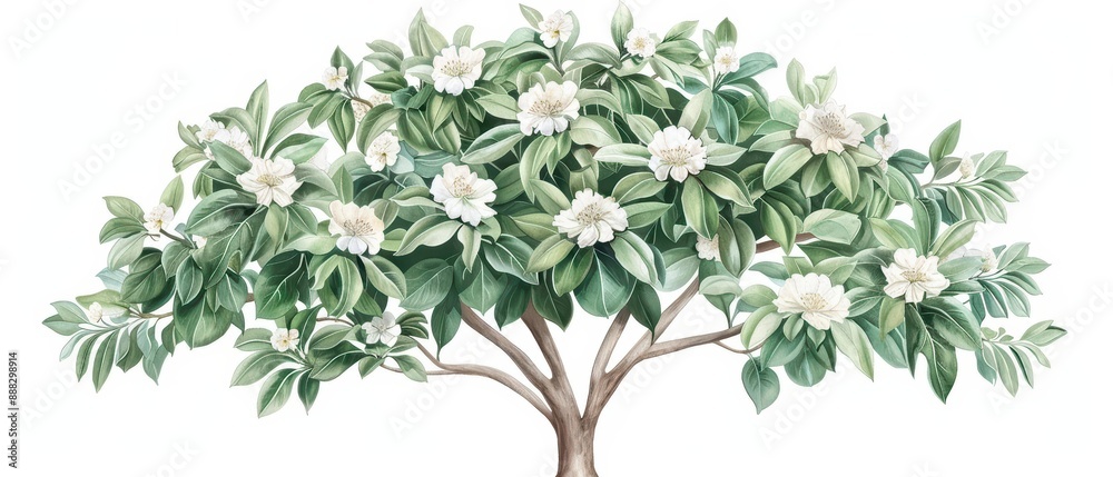 A catalpa tree depicted with large watercolor leaves and flowers isolate on white background