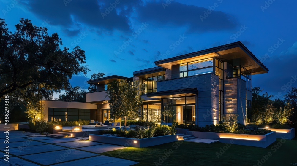 nighttime scene of a contemporary suburban house with an integrated outdoor lighting system that highlights its architectural features nighttime scene of a contemporary suburban house with an integrated outdoor lighting system that highlights its architectural features