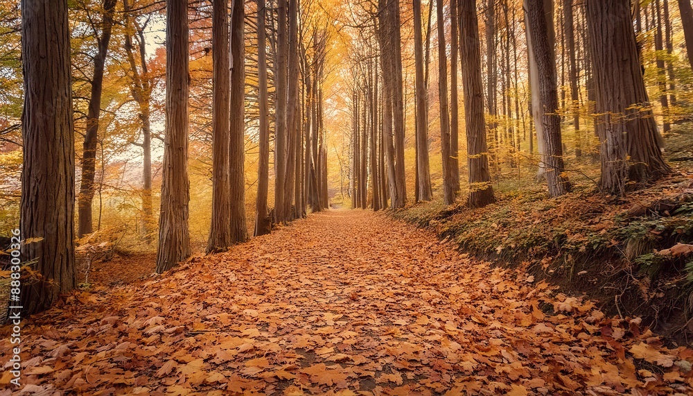 Naklejka premium forest path covered in autumn leaves