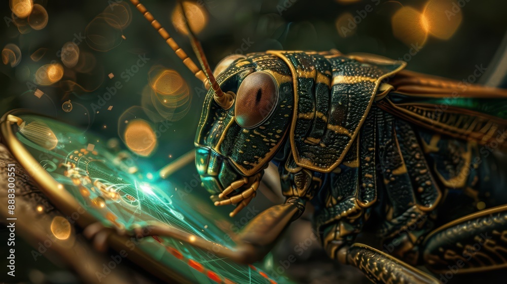 Fototapeta premium A katydid in a tailored outfit presents a business model to a locust in a blazer, surrounded by a supernatural aura of shimmering charts