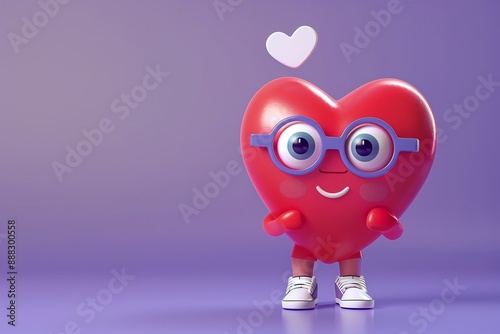 cute 3D red heart character with glasses, concept for social medai, social support, health care, medical help and cardiology, free space for text photo