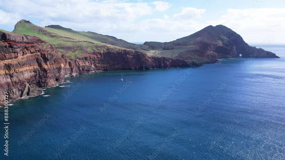 Aerial view of Ponta de Sao Lourenco, Madeira island, Portugal. Beautiful landscape of Madeira island. Brown green rocks in the ocean