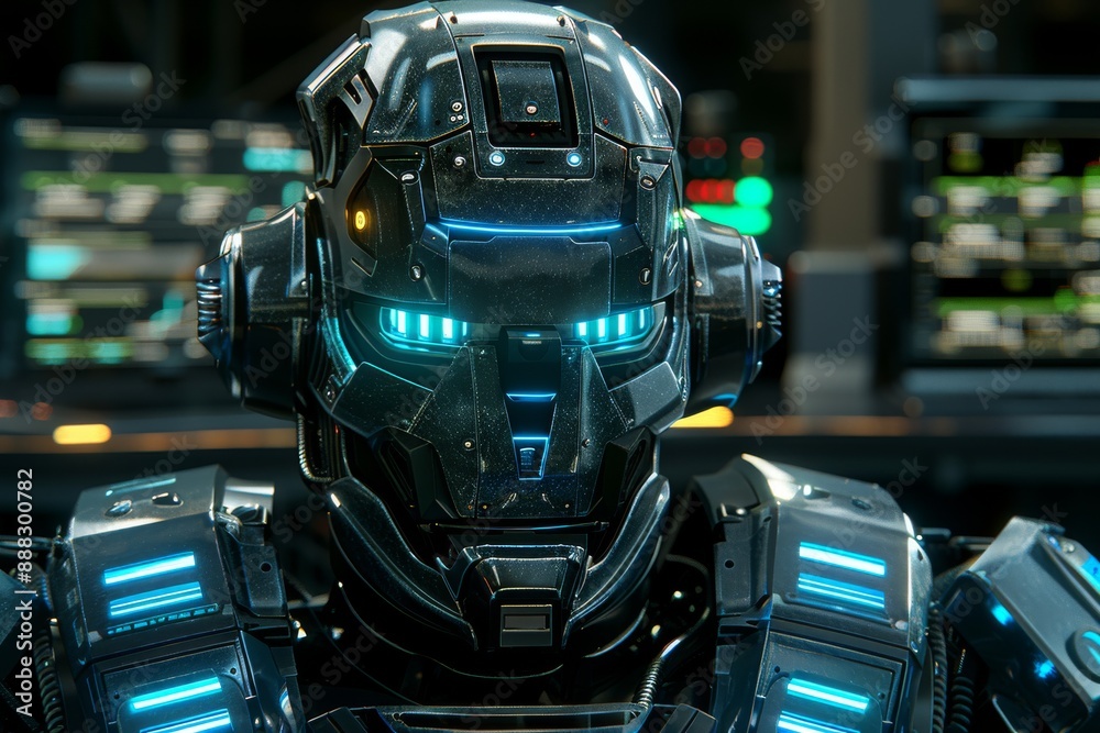 Futuristic robot with glowing blue eyes, symbolizing technology and innovation in a high-tech, modern visual Futuristic robot with glowing blue eyes, symbolizing technology and innovation in a high-tech, modern visual