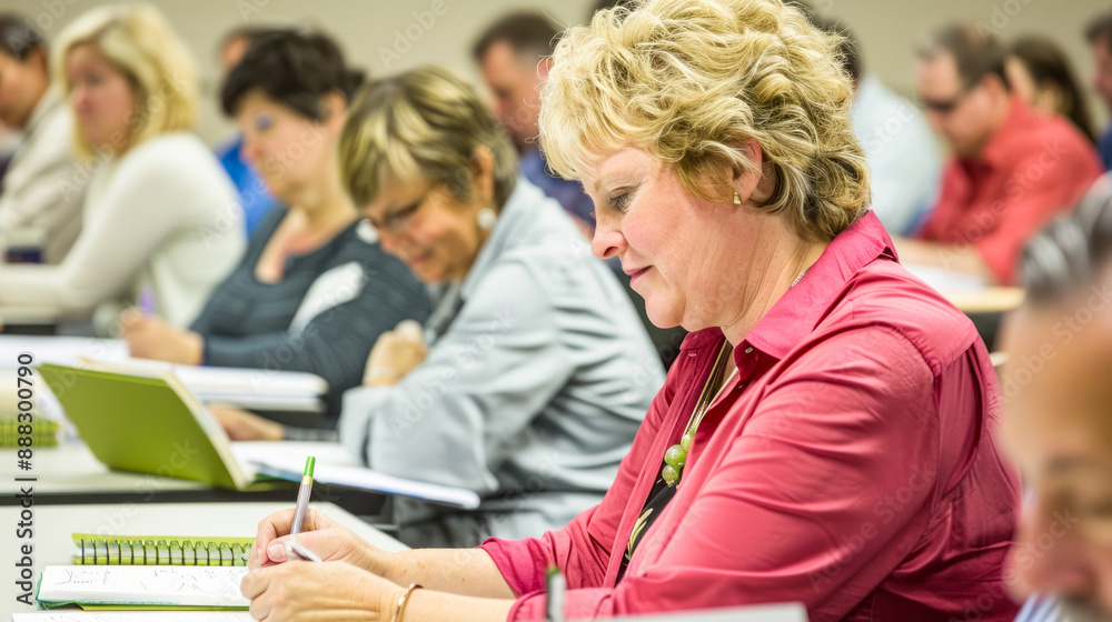 Diverse group of adults in classroom focusing on learning and writing Diverse group of adults in classroom focusing on learning and writing