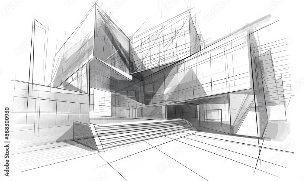 Detailed architectural sketch of a modern building design. Detailed architectural sketch of a modern building design.
