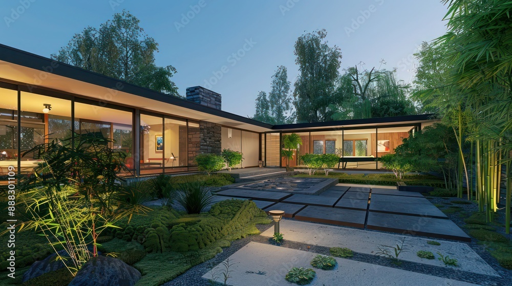 serene mid-century modern suburban house with a zen garden and bamboo groves around the perimeter serene mid-century modern suburban house with a zen garden and bamboo groves around the perimeter
