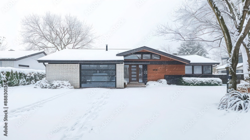The front facade of a suburban mid-century modern home during a snowy day, with its clean lines contrasting against the white landscape The front facade of a suburban mid-century modern home during a snowy day, with its clean lines contrasting against the white landscape