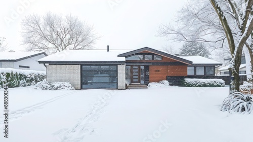 The front facade of a suburban mid-century modern home during a snowy day, with its clean lines contrasting against the white landscape