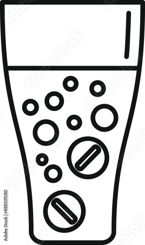 Line art icon of a glass of water with effervescent pills dissolving