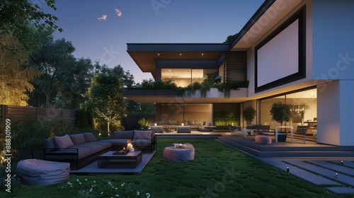 evening view of a contemporary suburban home with an outdoor cinema setup, blending leisure with modern architecture