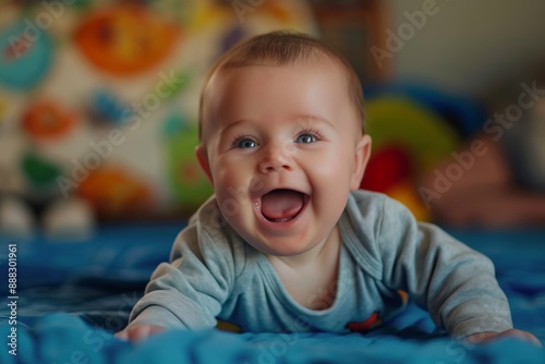 Baby in gray suit, lying on blue blanket, smiling.