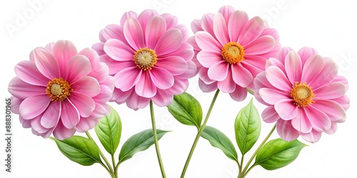 Four Pink Dahlia Flowers with Green Leaves on a White Background, dahlia, flower, pink, white , green