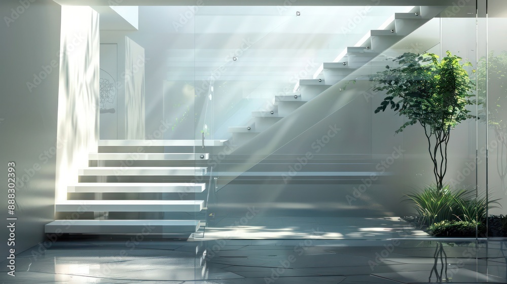 Obraz premium architecturally stunning Suburban Contemporary staircase with floating steps and a sleek glass railing