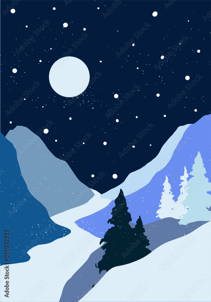 Fototapeta premium Flat winter vector poster landscape with silhouettes of trees, hills and mountains with falling snow, Christmas scene, panorama, horizon, fir tree, cold weather, Northern