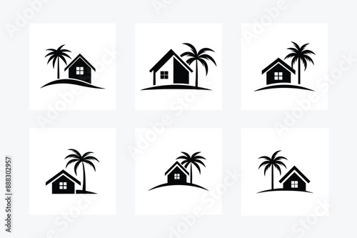 Set of house with palm tree silhouette vector illustration.