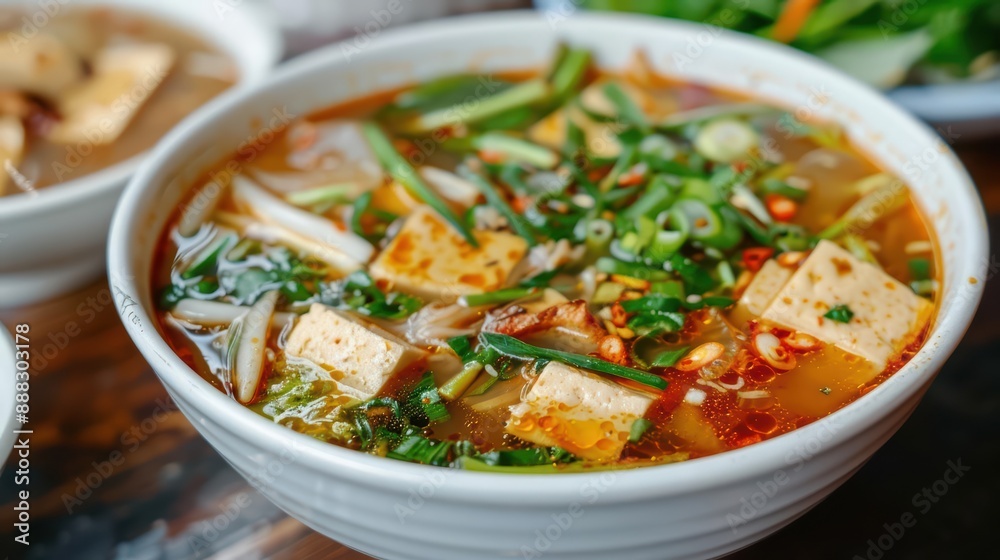 Gaeng Jued in motion, with clear broth, tofu, and vegetables separating in a comforting and delicate explosion Gaeng Jued in motion, with clear broth, tofu, and vegetables separating in a comforting and delicate explosion