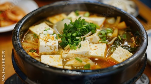 Gaeng Jued in motion, with clear broth, tofu, and vegetables separating in a comforting and delicate explosion