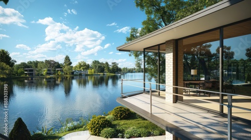 Fototapeta Naklejka Na Ścianę i Meble -  view of a mid-century modern suburban home with a wraparound porch and panoramic glass windows overlooking a pristine lake