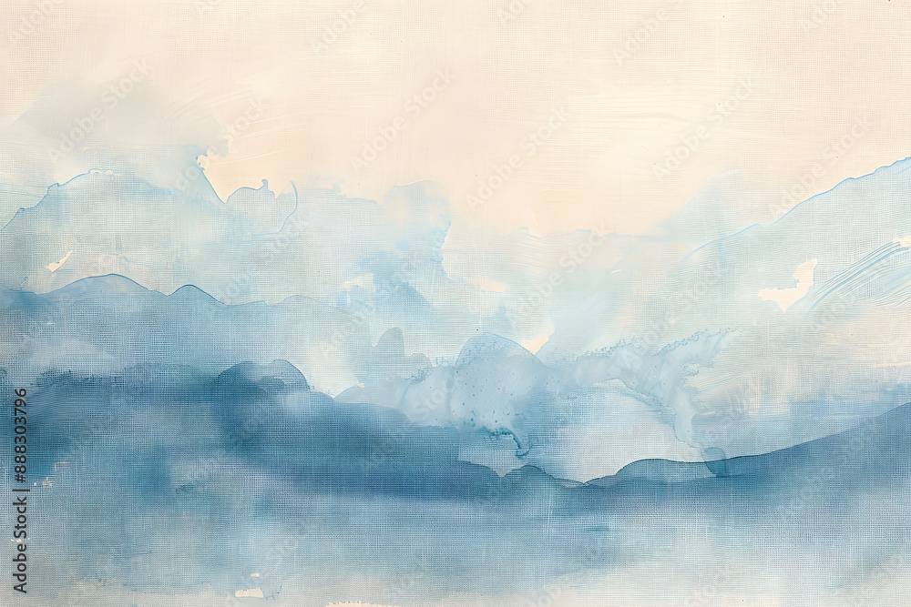 Fototapeta premium Smoke Ink watercolor, acrylic hand drawn painting blot. Wave blue, beige, white landscape on wet beige paper texture background.