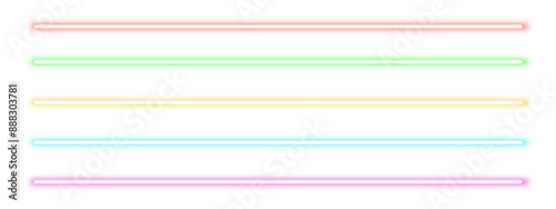 Horizontal Neon lines lights on transparent background. set of colorful neon tubes