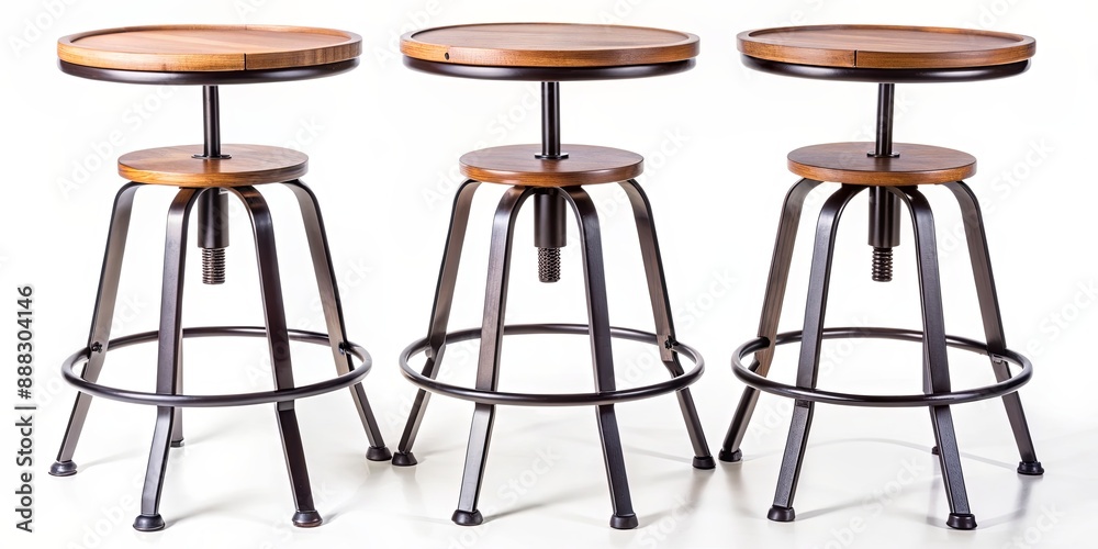 Industrial Style Bar Stools - Set of Three, Wood Seat and Metal Frame, White Background , bar stool , industrial design , kitchen furniture , metal frame Industrial Style Bar Stools - Set of Three, Wood Seat and Metal Frame, White Background , bar stool , industrial design , kitchen furniture , metal frame