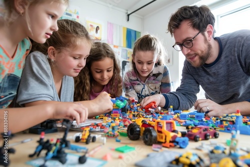 Children and Teacher Building Toy Structures Together in Classroom Concept