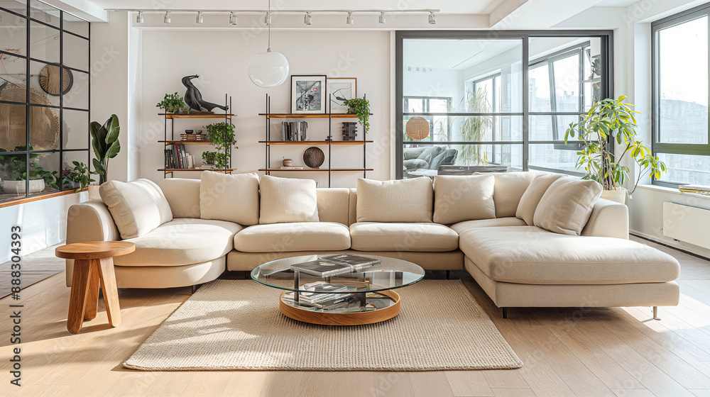 Fototapeta premium Modern Spacious Living Room with Elegant Beige Sofa and Natural Light