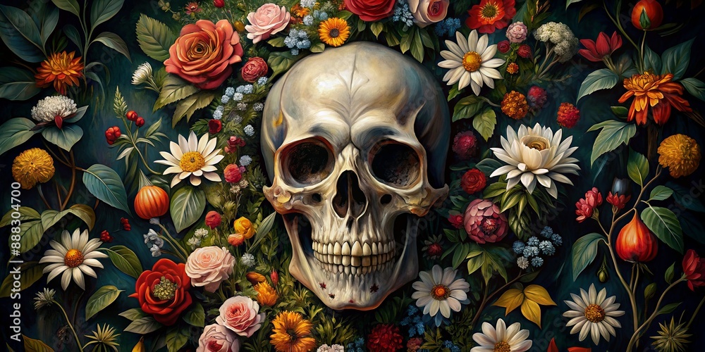 Memento Mori A Skull Adorned with a Wreath of Flowers, Digital Painting, Dark Background, Skull, Flowers, Memento Mori, Still Life Memento Mori A Skull Adorned with a Wreath of Flowers, Digital Painting, Dark Background, Skull, Flowers, Memento Mori, Still Life