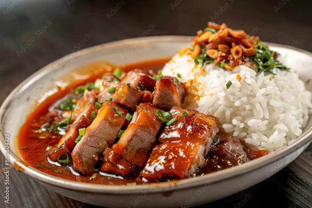 Khao Moo Daeng midserve, with slices of red barbecue pork, rice, and a rich sauce scattering in a flavorful and colorful burst Khao Moo Daeng midserve, with slices of red barbecue pork, rice, and a rich sauce scattering in a flavorful and colorful burst