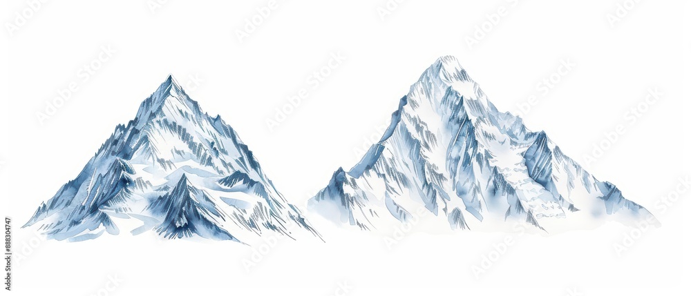 Fototapeta premium Majestic mountains illustrated with sweeping watercolor peaks isolate on white background